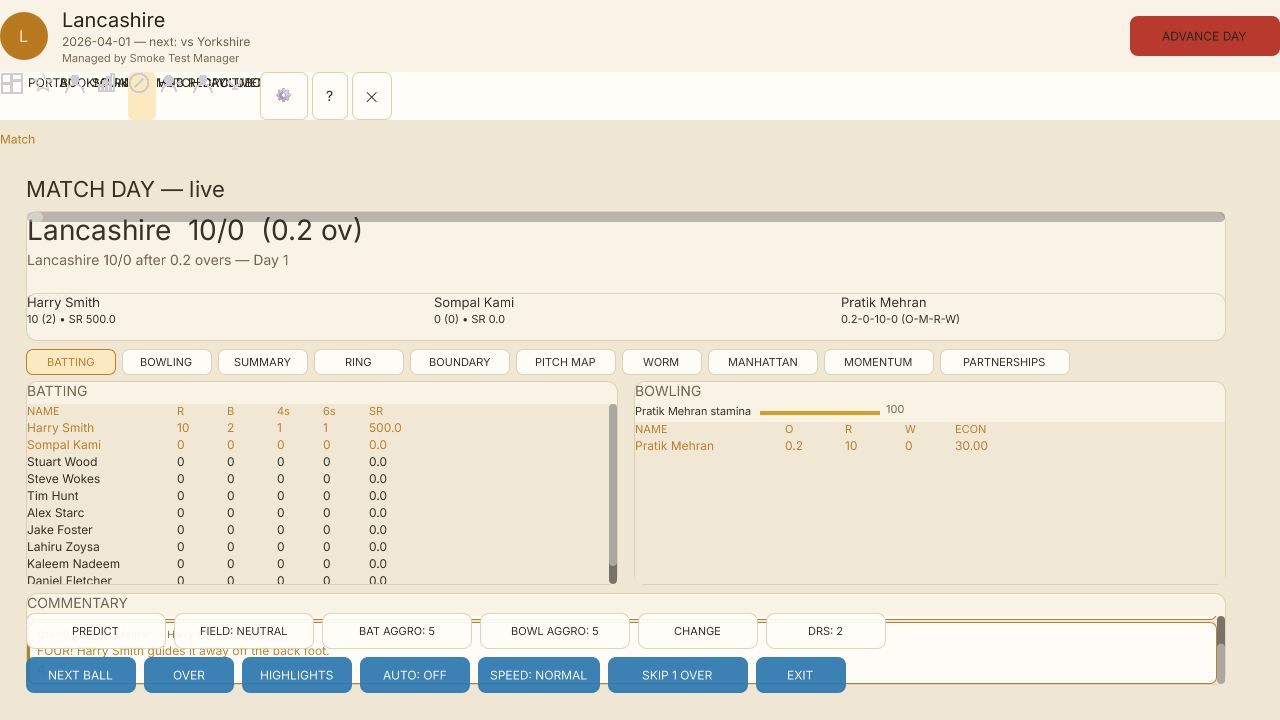 Stumped! — a live match in the cricket management simulation